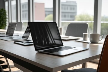  This is a mockup of a laptop sitting on a table in the office of a computer business in a productive meeting room. Generative AI