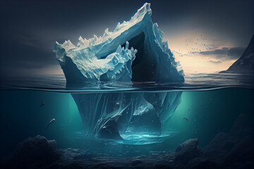 Iceberg with its visible and underwater or submerged parts floating,Generative AI