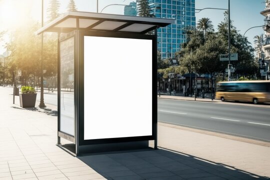  Cityscape Billboard: A Vertical Blank White Billboard Mockup on a Busy City Street. Generative AI