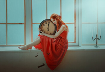 Art photo portrait Redhead girl fantasy princess sits on windowsill dreams waiting love holds hugs...