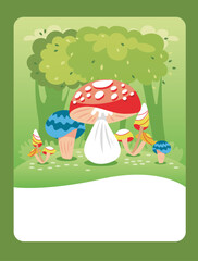 Vector illustration of mushrooms in the forest. It can be used as a game card, educational material for children.