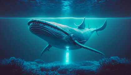 deep sea monster blue whale, fantastic inhabitants of the deep ocean. deep sea monsters
