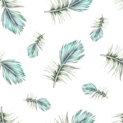 Naklejka premium Feathers seamless pattern. Watercolor illustration. Isolated on a white background. Boho style print. For the design of bed linen, pillows, wrapping paper, napkins, towels, fabric