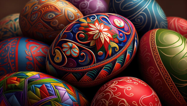 Easter eggs. Colorful painted easter eggs. Happy Easter background. Generative ai illustration