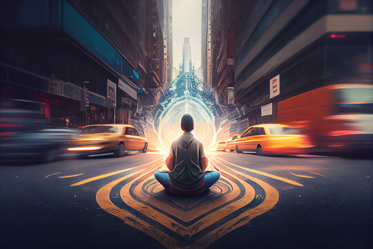 Man Meditating in noisy place city center. Yoga pose energy portal. Meditation in noisy places. Urbanistic meditation. A spiritual journey in the universe. Abstract chakra meditation energy background