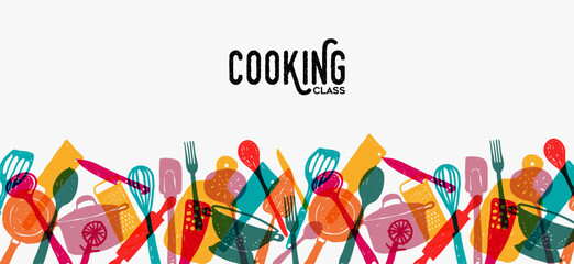 Cooking class kitchen utensils colorful doodle banner illustration design
