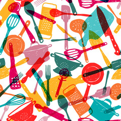 Kitchen utensils colorful doodle style seamless pattern background