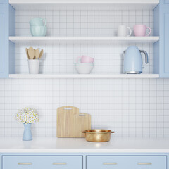 3D Rendering Kitchen Tool on Shelf of Kitchen Cabinet, Shelf in