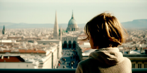 Vertical shot of blonde haired 30 years old woman at rooftop looks at crowded city of, Vienna Austria Generative AI