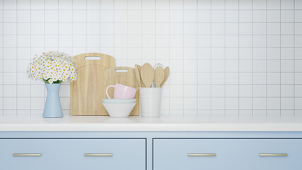 3D Rendering Wood Cutting Board , White Ceramic Bowl Set, Coffee