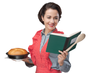 Retro housewife with cookbook
