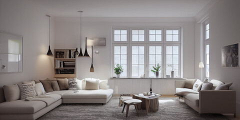 Fototapeta premium Stylish scandinavian living room with design mint sofa, furnitures, mock up poster map, plants and elegant personal accessories. Modern home decor. Bright and sunny room. Generative AI illustration.