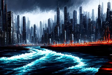 city scape with a river flowing in front of it