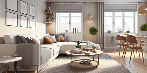 Stylish scandinavian living room with design mint sofa, furnitures, mock up poster map, plants and elegant personal accessories. Modern home decor. Bright and sunny room. Generative AI illustration.