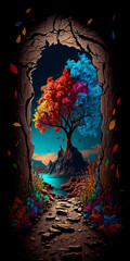 Colorful mystical tree at beautiful landscape Generative AI