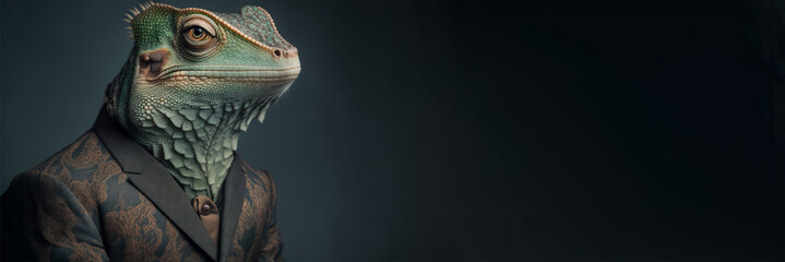 Vertical shot of chameleon in suit, spirit animal Generative AI - obrazy, fototapety, plakaty