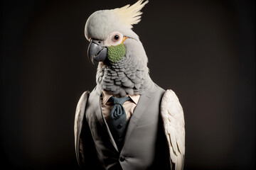 Vertical shot of cockatoo in suit, spirit animal Generative AI - obrazy, fototapety, plakaty