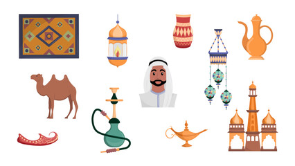 Vector set of 11 Eastern Islamic cultural items. Traditional Arabic elements from the Middle East. Flat vector illustration.