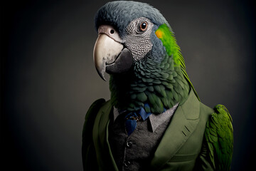 Obraz premium Vertical shot of parrot in suit, spirit animal Generative AI