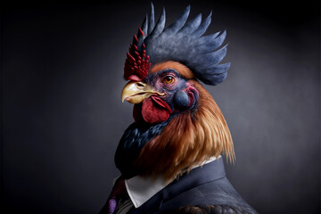 Vertical shot of rooster in suit, spirit animal Generative AI