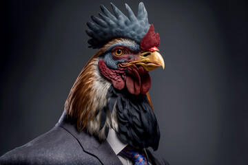 Vertical shot of rooster in suit, spirit animal Generative AI