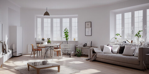 Fototapeta premium Stylish scandinavian living room with design mint sofa, furnitures, mock up poster map, plants and elegant personal accessories. Modern home decor. Bright and sunny room. Generative AI illustration.
