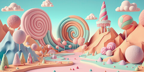 ai midjourney generative fantasy illustration of a small pastel colored candyland