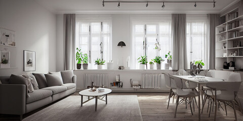 Fototapeta premium Stylish scandinavian living room with design mint sofa, furnitures, mock up poster map, plants and elegant personal accessories. Modern home decor. Bright and sunny room. Generative AI illustration.