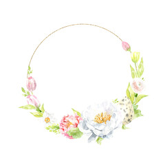 Watercolor Easter floral wreath illustration, spring animal round frame with cute duck for baby shower invitation, easter egg hunt invite, spring wedding, greeting card, nursery printable frame art