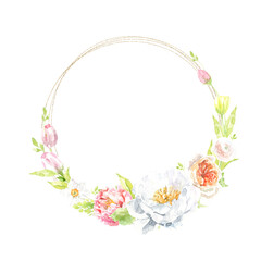 Watercolor Easter floral wreath illustration, spring animal round frame with cute duck for baby shower invitation, easter egg hunt invite, spring wedding, greeting card, nursery printable frame art