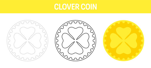 Clover Coin tracing and coloring worksheet for kids