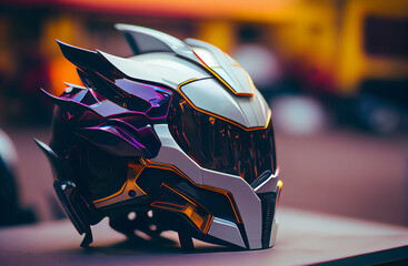 Cyberpunk motorcycle helmet on blurry background. Generative Ai.
