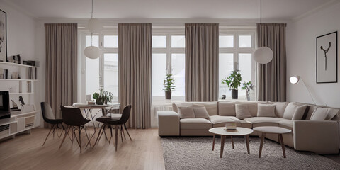 Fototapeta premium Stylish scandinavian living room with design mint sofa, furnitures, mock up poster map, plants and elegant personal accessories. Modern home decor. Bright and sunny room. Generative AI illustration.