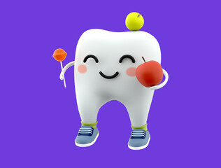 Cartoon tooth apples and candy loot 3d children's illustration
