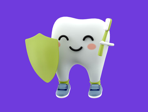 Cartoon tooth with a shield and toothbrush 3d children's illustration
