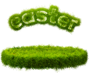 Grass podium. Grass platform and Easter inscription, 3d rendering. Pedestal covered with green grass. Transparent background, PNG file