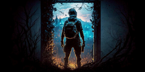 Scary strong man at post apocalyptic future at destroyed house, man lives at ruined city after war of nuclear explosion Generative AI