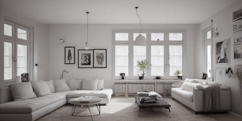 Fototapeta premium Stylish scandinavian living room with design mint sofa, furnitures, mock up poster map, plants and elegant personal accessories. Modern home decor. Bright and sunny room. Generative AI illustration.