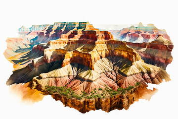 Colorful grand canyon landscape illustration with watercolors on white isolated background.Copy space.Text space.Created with generative ai