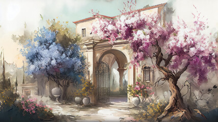 Watercolor Toscana Italy or Provence France. OLd House in spring blooming garden, blossoming apple tree, cherry tree and lilac, blurred background, generative ai