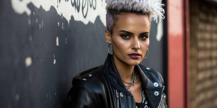 A woman in a black leather jacket with silver studs, worn over a simple white t - shirt. Her hair is short and styled in a messy, punk - inspired cut (created with Generative AI)