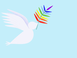 Flying easter white dove with rainbow palm on blue sky background