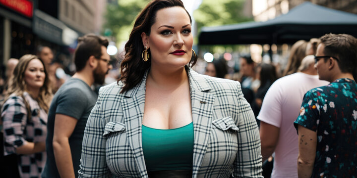 A young woman in her early 30s, who exudes a sense of confidence and style. She is standing in a busy urban street, surrounded by bustling crowds of people (created with Generative AI)