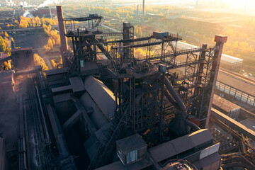 Smelter with blast furnaces from above in autumn. Heavy industry plant.