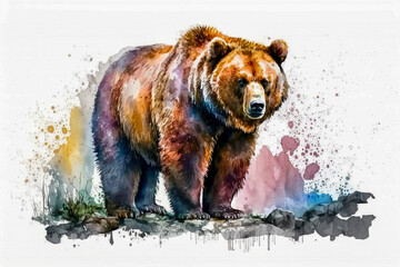 Fototapeta premium Colorful bear illustration with watercolors on white isolated background.Copy space.Text space.Created with generative ai
