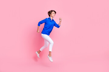Fototapeta na wymiar Full body length size photo of fast speed running business woman wear formal blue shirt white trousers isolated on pastel pink color background