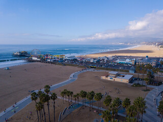 Aerial photos of the santa monica Pier, The Strand bike path, and beach in Santa monica California....