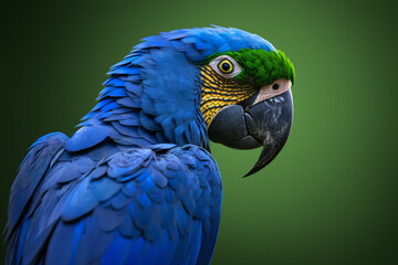 Blue macaw parrot portrait. Beautiful wild ara parrot face. Green forest blurred background. Tropical jungle amazonica Brazilian birds. Zoo banner