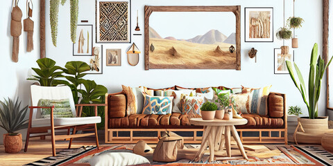 Obraz na płótnie Canvas Stylish scandinavian living room with design mint sofa, furnitures, mock up poster map, plants and elegant personal accessories. Modern home decor. Bright and sunny room. Generative AI illustration.