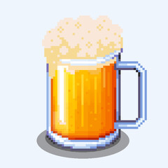 Pixel art beer mug drink icon with foam in glass separated on white background 8 bit goblet gold color yellow. Bar object stock vector image - obrazy, fototapety, plakaty